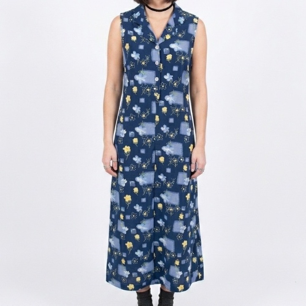 Jaclyn Smith Floral Maxi Dress 10 Blue Sleeveless Button Front 90s Vintage